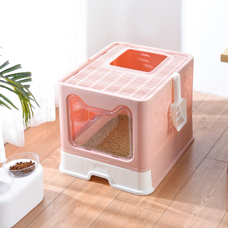 Foldable Cat Litter Box with Pull-Out Tray -Easy Cleaning and Anti-Splash Design Pink 51*41*38cm
