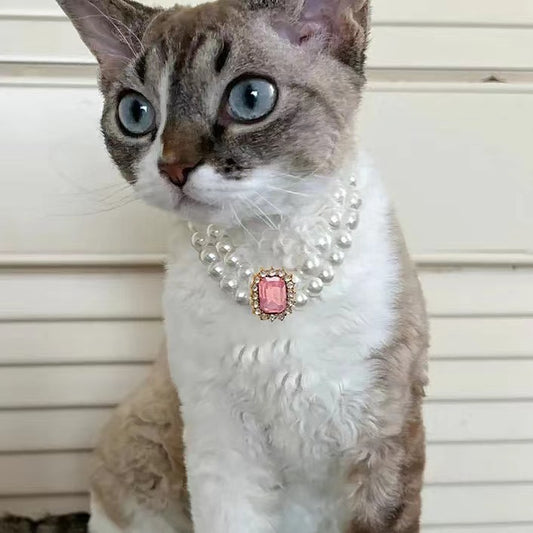 3-pcs Pink Diamond Double Strand Pearl & Rhinestone Pet Necklace - Luxury Collar for Cats & Dogs Size L (30-36cm)
