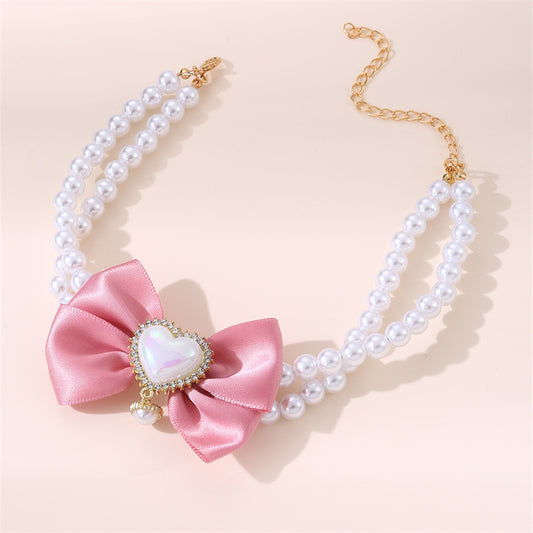 2 - PCS Cute Pet Pearl Necklace Collar with Pink Bow and Heart Charm - Size S