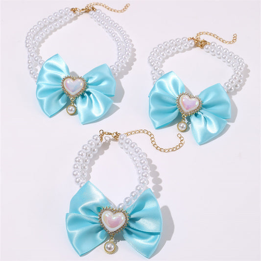 2 - PCS Cute Pet Pearl Necklace Collar with Blue Bow and Heart Charm - Size S
