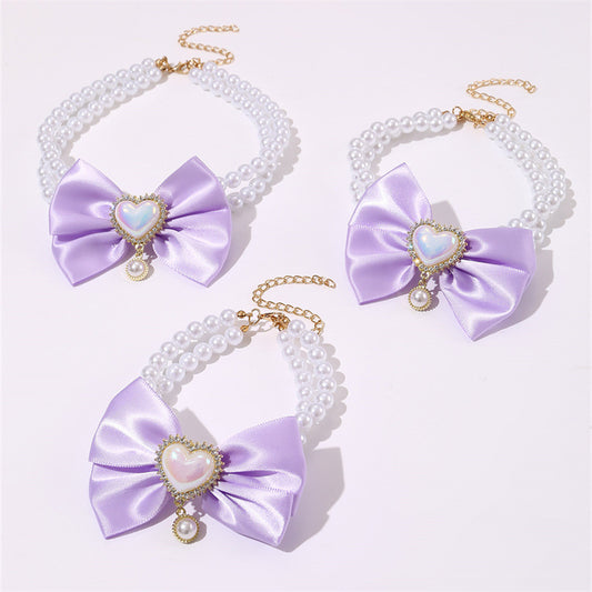 2 - PCS Cute Pet Pearl Necklace Collar with Purple Bow and Heart Charm - Size S