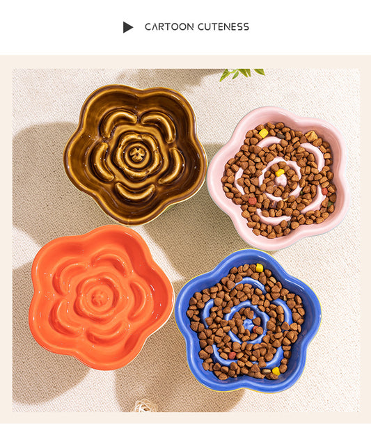 Green and Brown Ceramic Slow Feeder Pet Bowl for Cats and Small Dogs - Anti-Choke Elevated Design with 15-Degree Tilted Rim