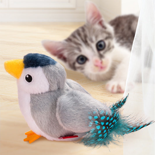 Interactive Plush Cat Toy - Lifelike Bird with Chirping Sounds and Feathers,Purple Gray
