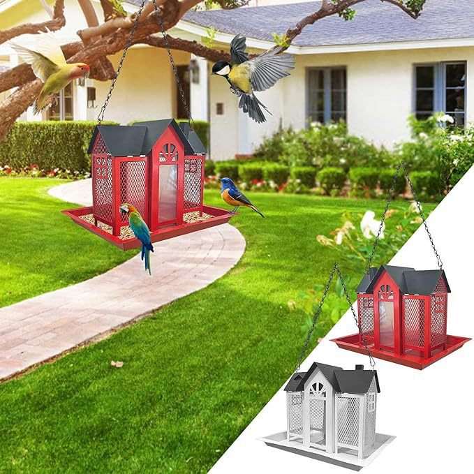 Charming House-Shaped Hanging Bird Feeder - Durable Metal Design for Wild Birds(black)