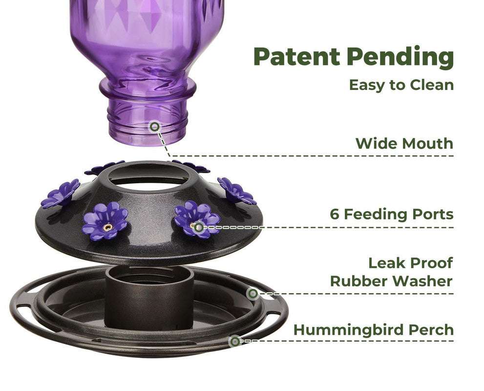 Elegant Hanging Hummingbird Feeder - Decorative Glass Nectar Bottle with Ant Moat, 6 Feeding Ports(Purple)