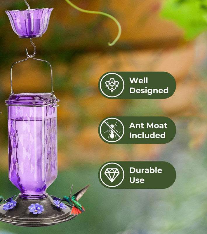 Elegant Hanging Hummingbird Feeder - Decorative Glass Nectar Bottle with Ant Moat, 6 Feeding Ports(Green)