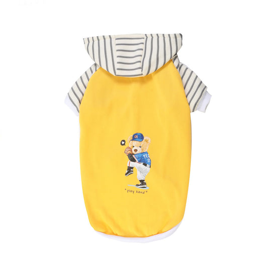 Autumn/Winter Dog Clothes - Yellow Hoodie with Striped Hood & Baseball Bear (Size - M)