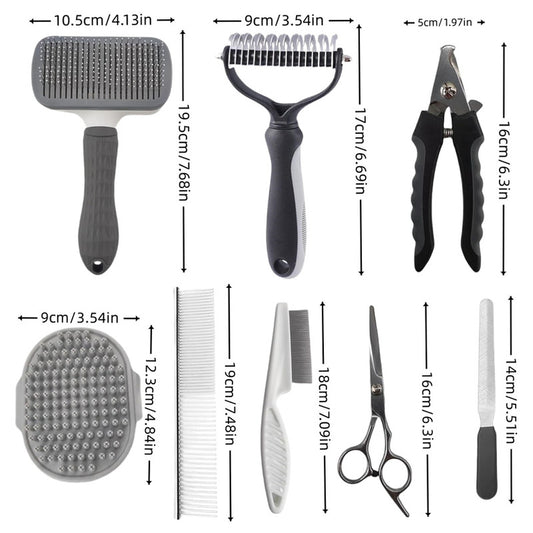 Grey Professional 9-Piece Pet Grooming Kit - DeShedding Brushes, Nail Clippers, Combs & Scissors Set for Dogs, Cats & Rabbits with Storage Bag