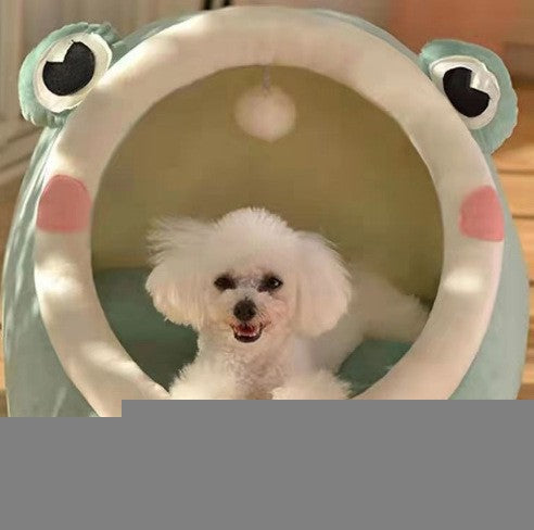 Green Frog Half-Enclosed Cat Bed - Soft Short Velvet Fabric with Sponge + PP Cotton Filling, M Size (35x35x30cm)