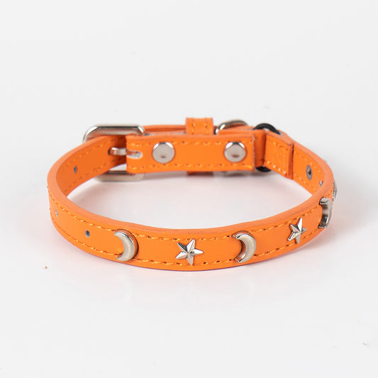 3 pcs Orange Stylish PU Leather Pet Collar - Anti-Loss, Puppy Bell, Star & Moon Design Width 1.2cm Total Length 35cm