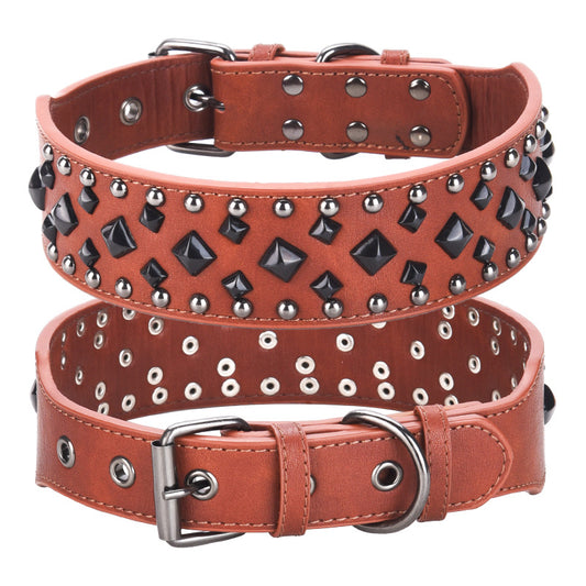 Size L Brown 1 pack Stylish PU Leather Dog Collar with Spikes - Adjustable, Durable & Comfortable for Medium to Large Breeds