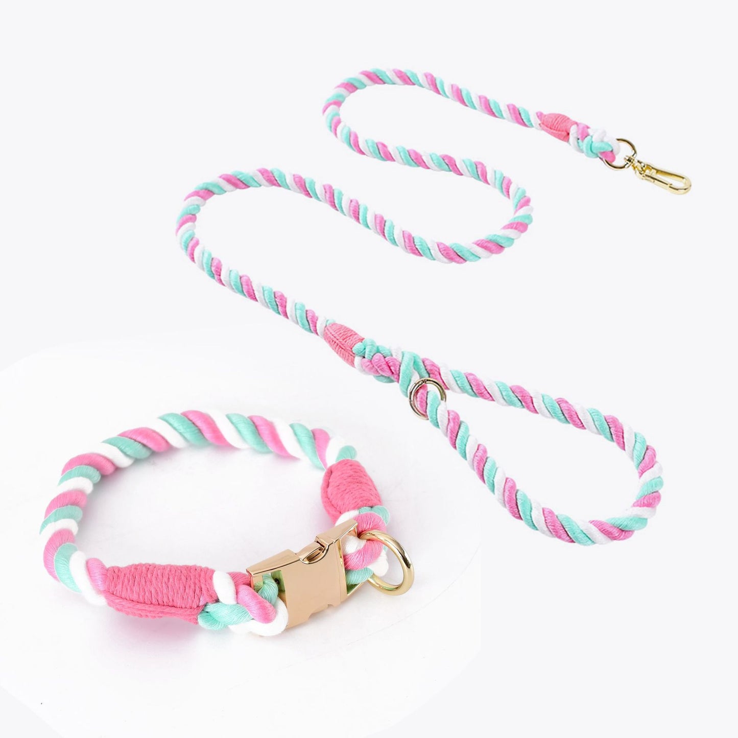 Handmade Rope Dog Collar and Leash Set - Colorful Woven Cotton (Pink - Size L)