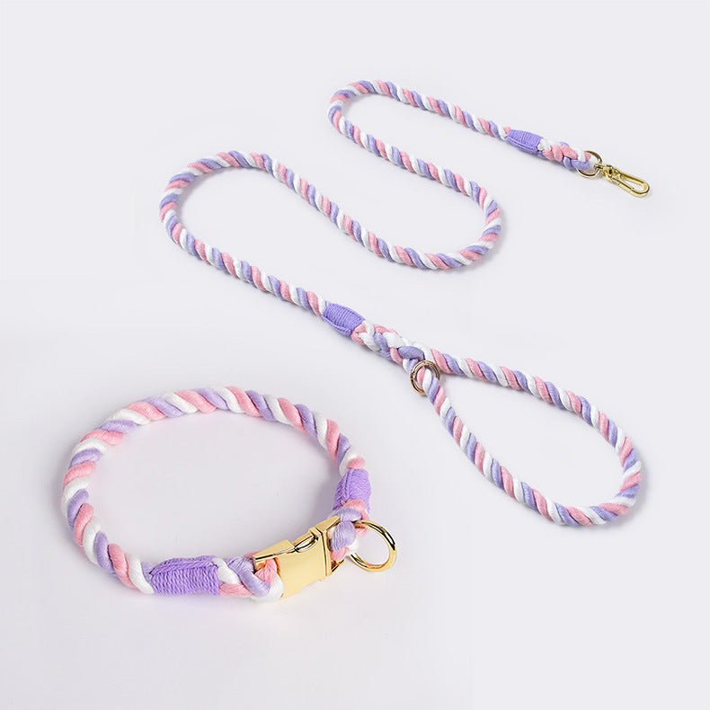 Handmade Rope Dog Collar and Leash Set - Colorful Woven Cotton Cotton (Pink purple - Size XL)