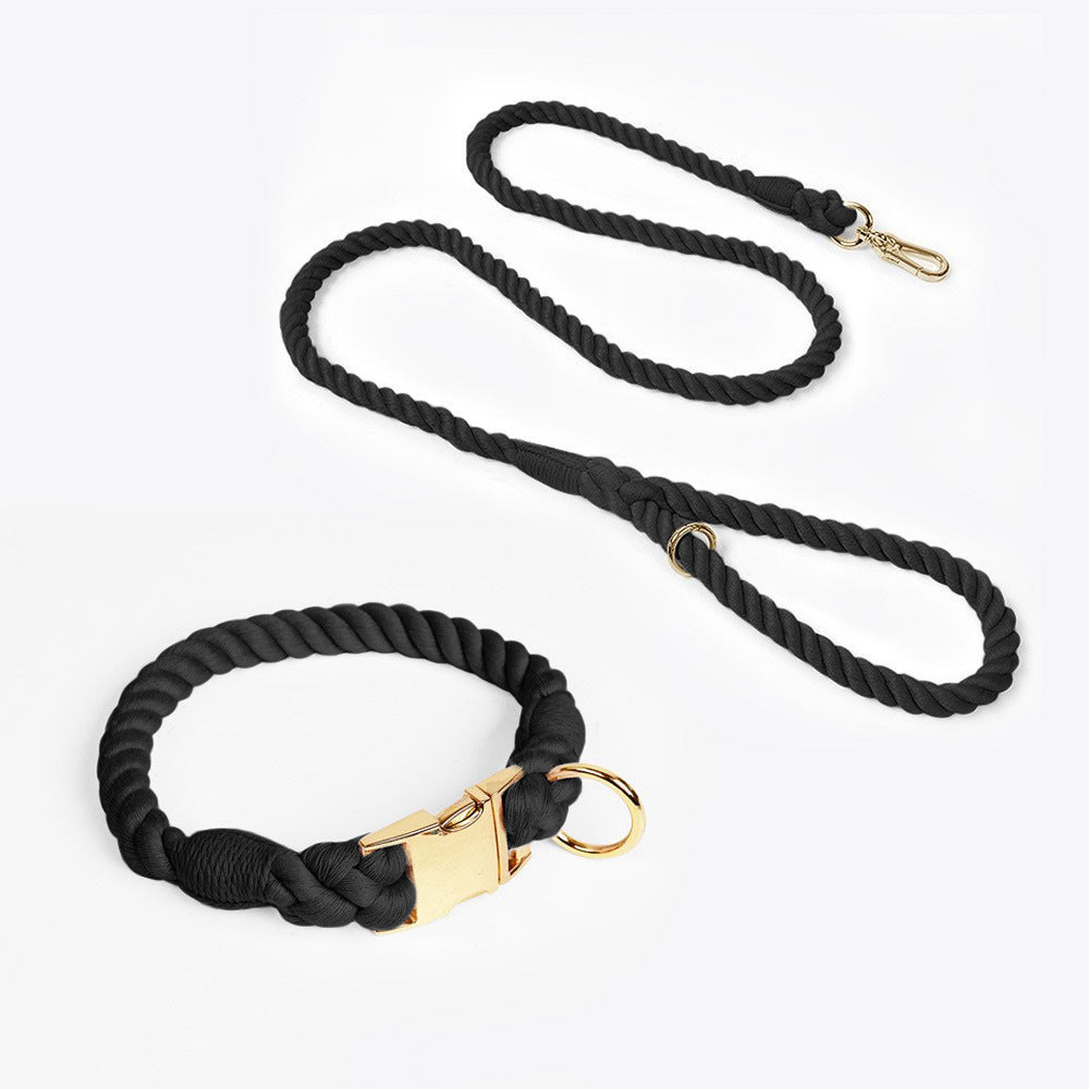 Handmade Rope Dog Collar and Leash Set - Colorful Woven Cotton Cotton (Black - Size M)