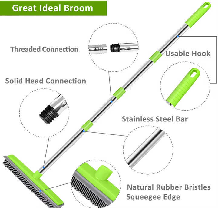 Light Grey and Silver Versatile Pet Hair Remover Rubber Broom & Squeegee - 125cm Adjustable Stainless Steel Handle for Carpets, Floors & Windows